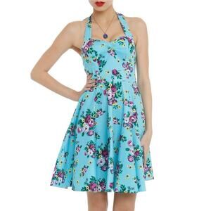Hell Bunny Vixen Turquoise Floral Halter Dress Size M Pinup Flowy Vacation